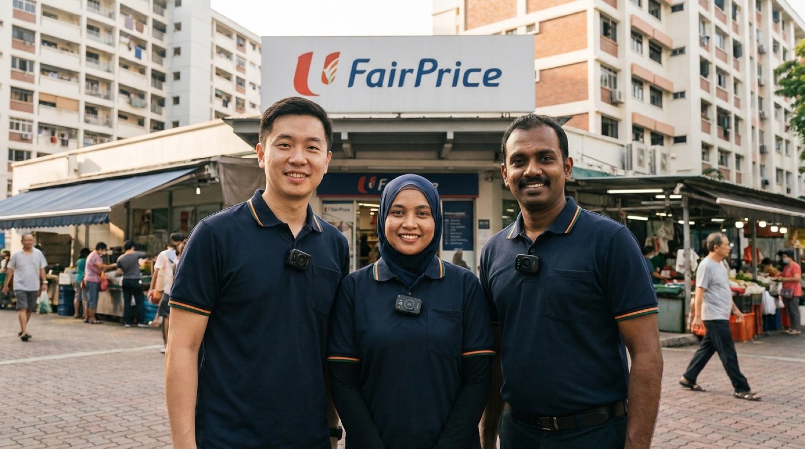 Three Elitez merchandisers in navy polo shirts with body-cams clipped to the collar, gathered outside an NTUC FairPrice in Singapore at the start of a weekly route