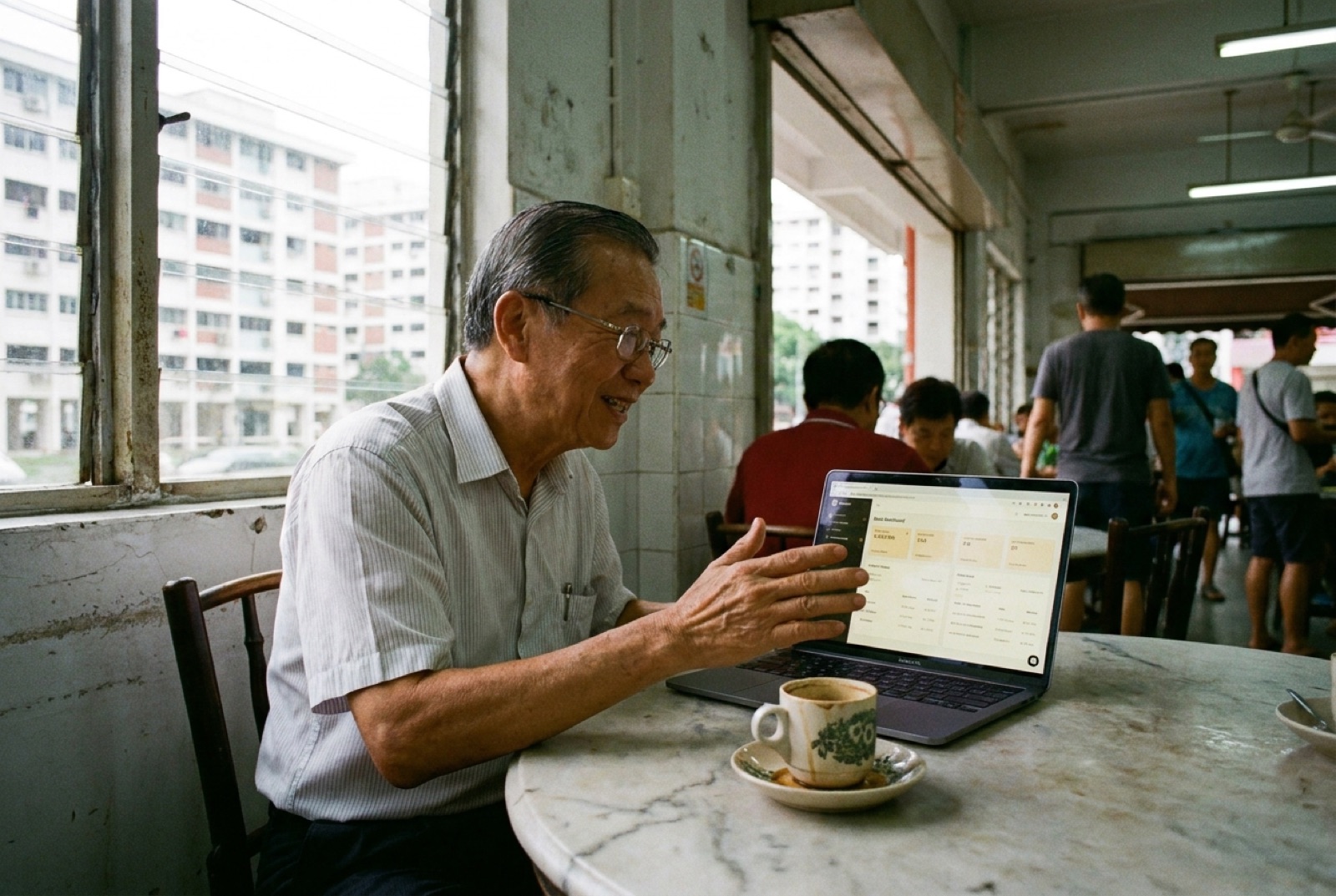 The founder seated at a Singapore kopitiam table — marble surface, kopi cup, open laptop showing the ElitezShelf dashboard, HDB blocks visible through the window