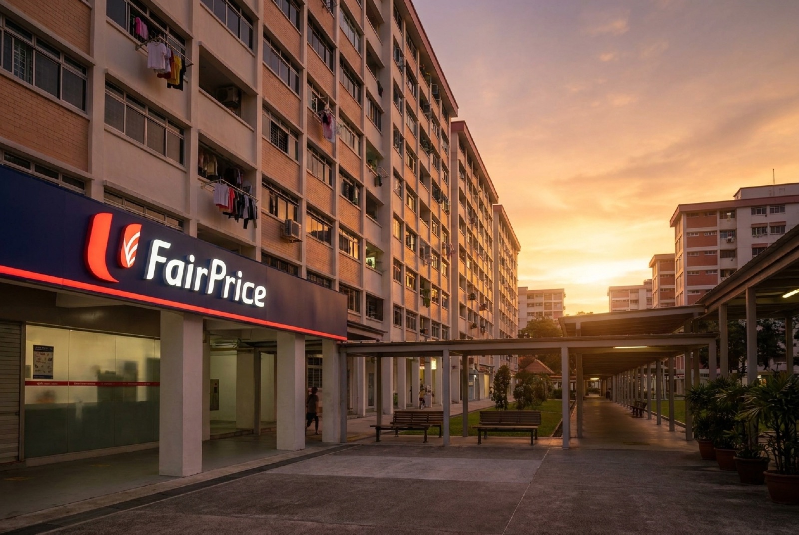 Wide shot of a Singapore HDB block at golden hour with NTUC FairPrice signage glowing in the foreground