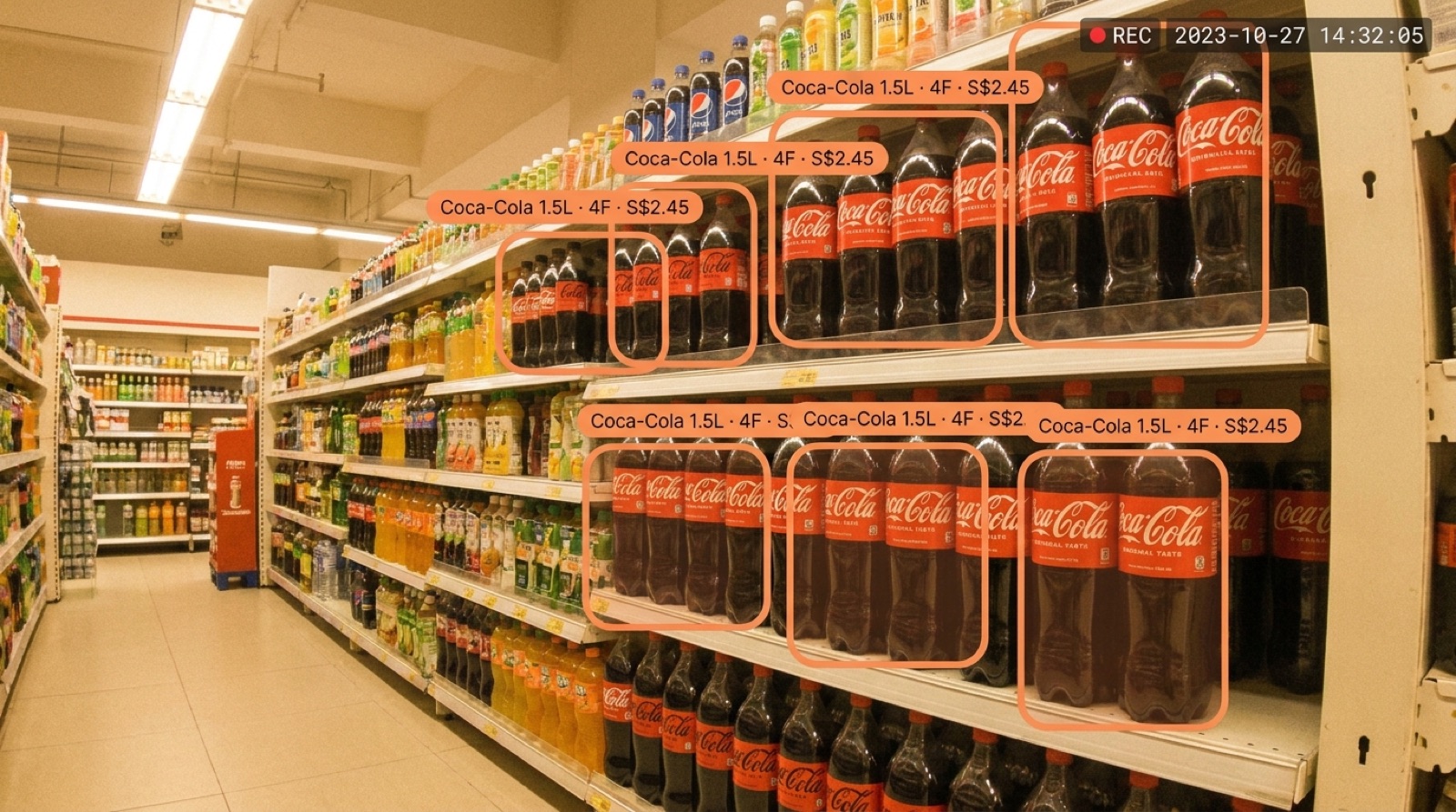 ElitezShelf live feed dashboard with bounding-box overlays on an NTUC FairPrice beverage aisle, body-cam POV