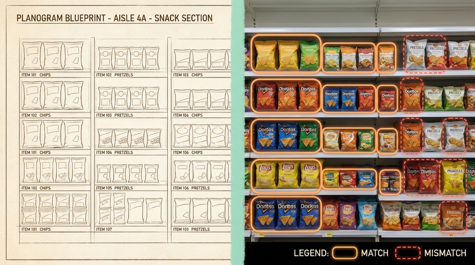 Planogram blueprint vs. reality split-screen — green dashed boxes mark matches, red boxes mark non-compliance